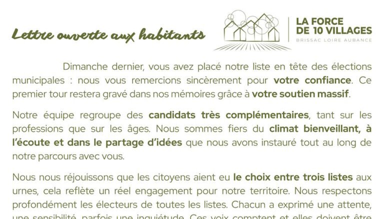 Lettre ouverte aux habitants à l’issue du 1er tour